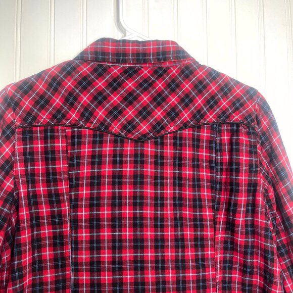 Red Multi Color Long Sleeve Button Up Pearl Snap Flannel Shirt Large - Picture 4 of 14